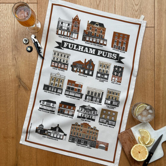 Fulham Pubs Illustrated Tea Towel